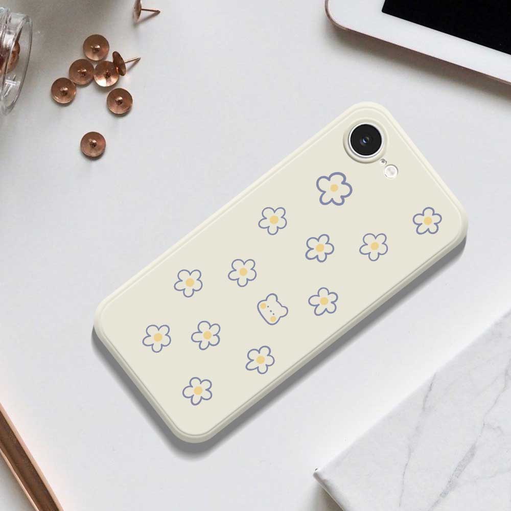 For iPhone 16e Case Cute Floral Bear Pattern Printing Straight Edge TPU Phone Back Cover