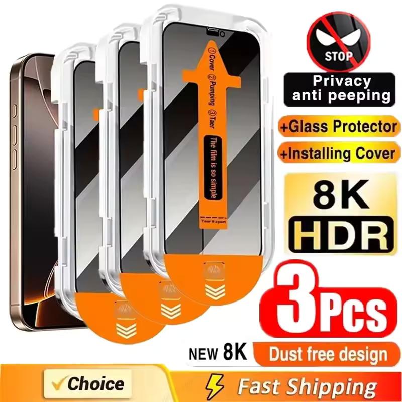 3 шт. Защитная пленка для экрана с защитой от шпионажа для iPhone17 16 15 14 13 12 11 Pro Max Mini XS X 15 16 Plus, установка без пыли, стекло