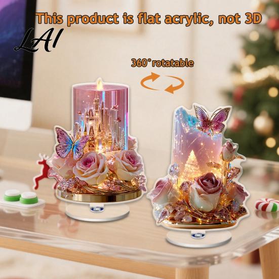 360 Degree Spinning Sign Rotating Acrylic Desktop Ornament 2D Flat Christmas Santa Snowman Cupcake Plaque with Gift for Home Base Winter Bookshelf