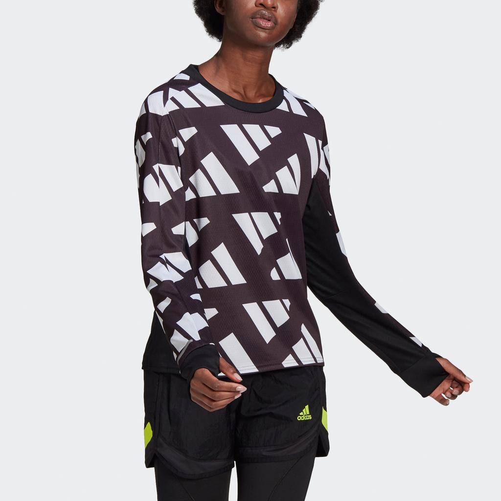 Adidas Футболка для бега со светоотражающим принтом знаменитостей и длинными рукавами, женские топы, черный GK5091