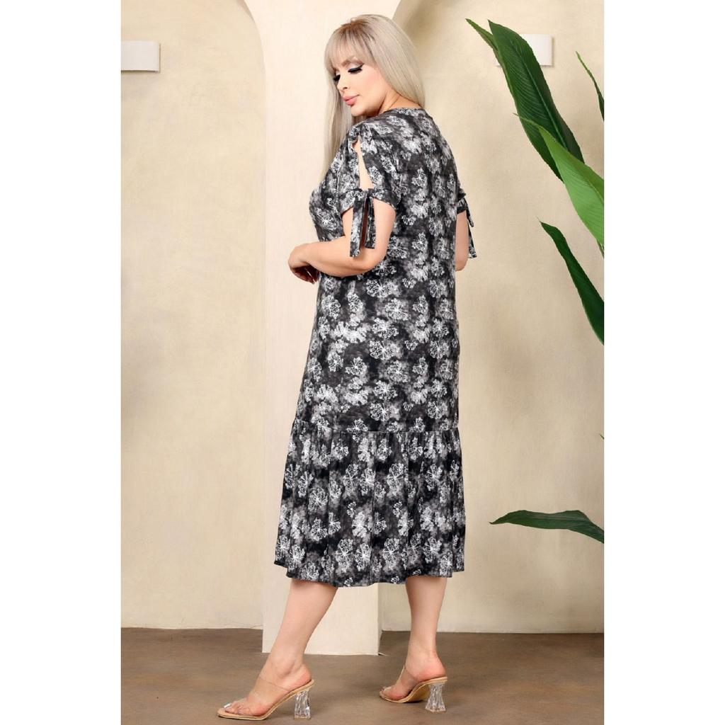 Square Neckline Butterfly Pattern Short Sleeve Shoulder Window With Ruffle Knee Midi Length Wash Flexible Dress