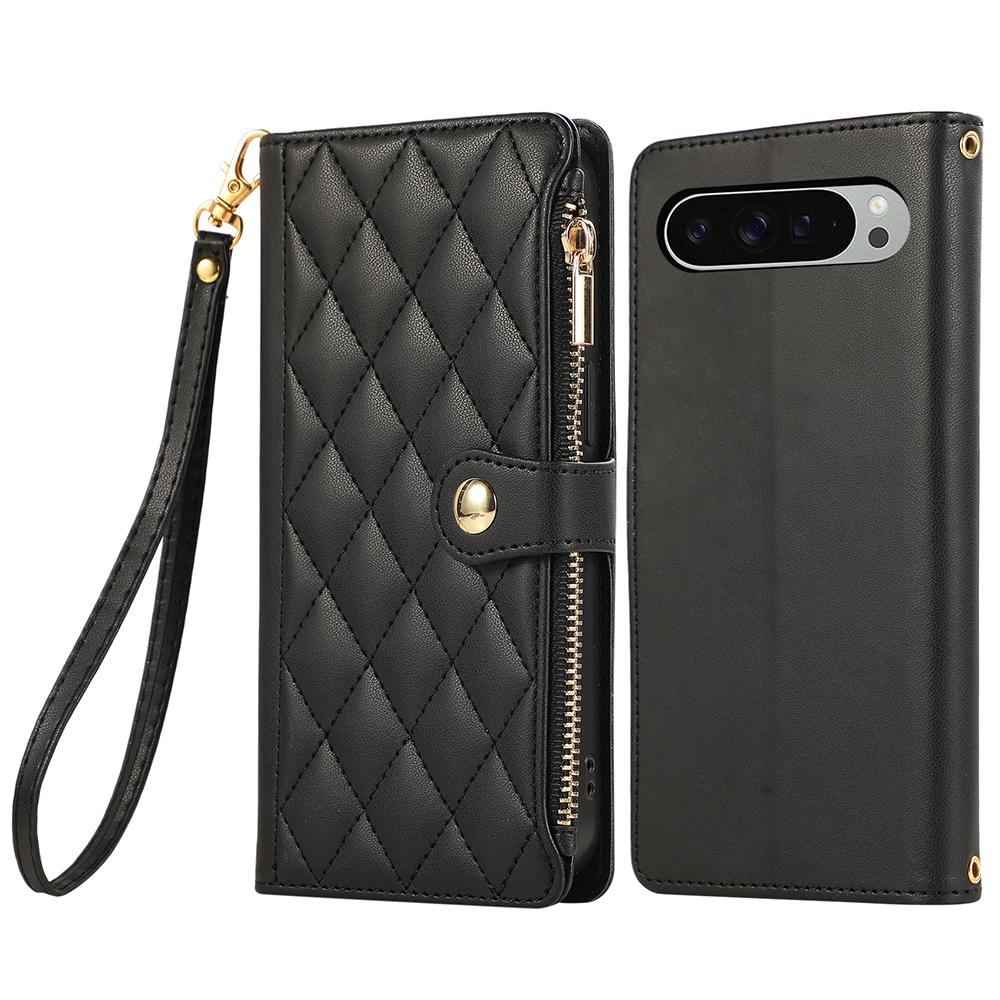 For Google Pixel 9 Pro XL Case Multi Card Slots Zipper Rhombus Leather Phone Cover with Wrist Strap