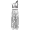 Girls Party Performance Outfit One Shoulder Sleeveless Metallic Vest Shiny Pants Dance Costume Stage Set