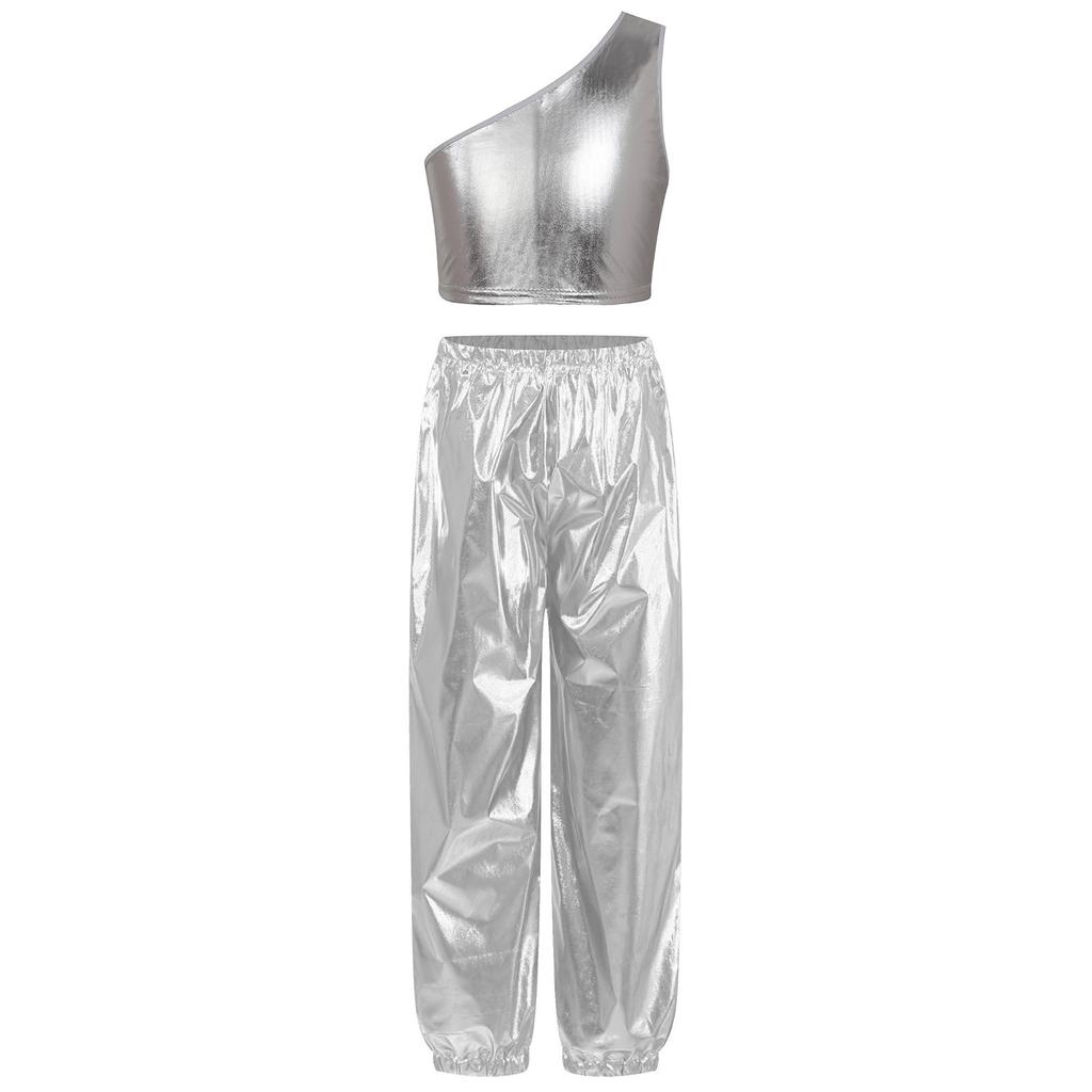 Girls Party Performance Outfit One Shoulder Sleeveless Metallic Vest Shiny Pants Dance Costume Stage Set