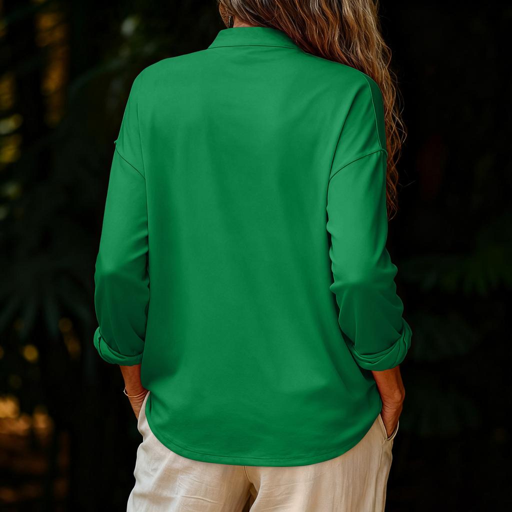 Женская модная и повседневная свободная однотонная блузка с длинным рукавом и круглым вырезом на пуговицах