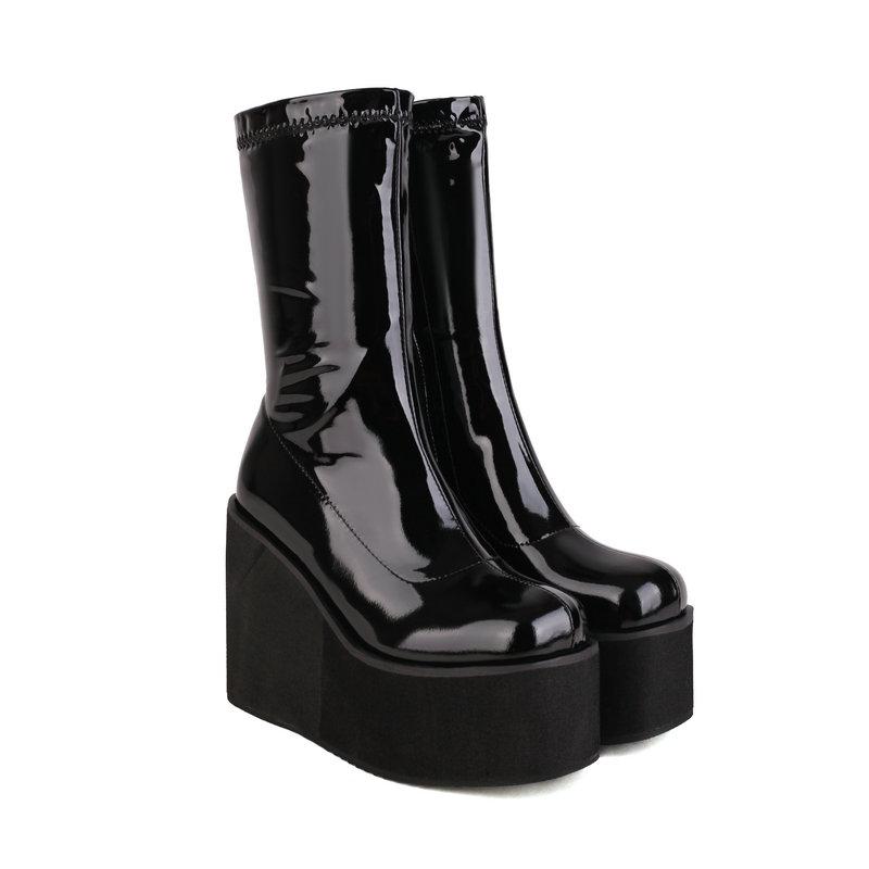 Легкая подошва из пеноматериала, платформа, танкетка, туфли на высоком каблуке для девочек, блестящая лакированная искусственная кожа, красные, белые эластичные ботильоны, готические женские черные сапоги