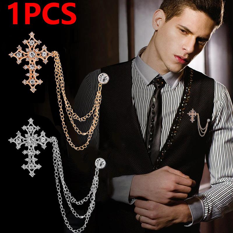 1PCS Cross Brooch Vintage Fashion Men High-end Tassel Chain Shirt Collar Lapel Pin Zircon Brooches Clothing Accessories Jewelry Gifts