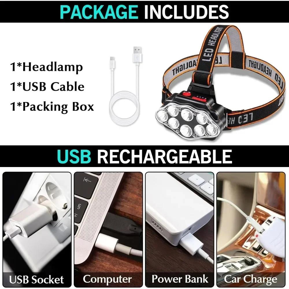 Налобный фонарь с USB-зарядкой, яркий, с высокой светоотдачей, с 8 светодиодами, 4 режима, водонепроницаемый налобный фонарь IPX4