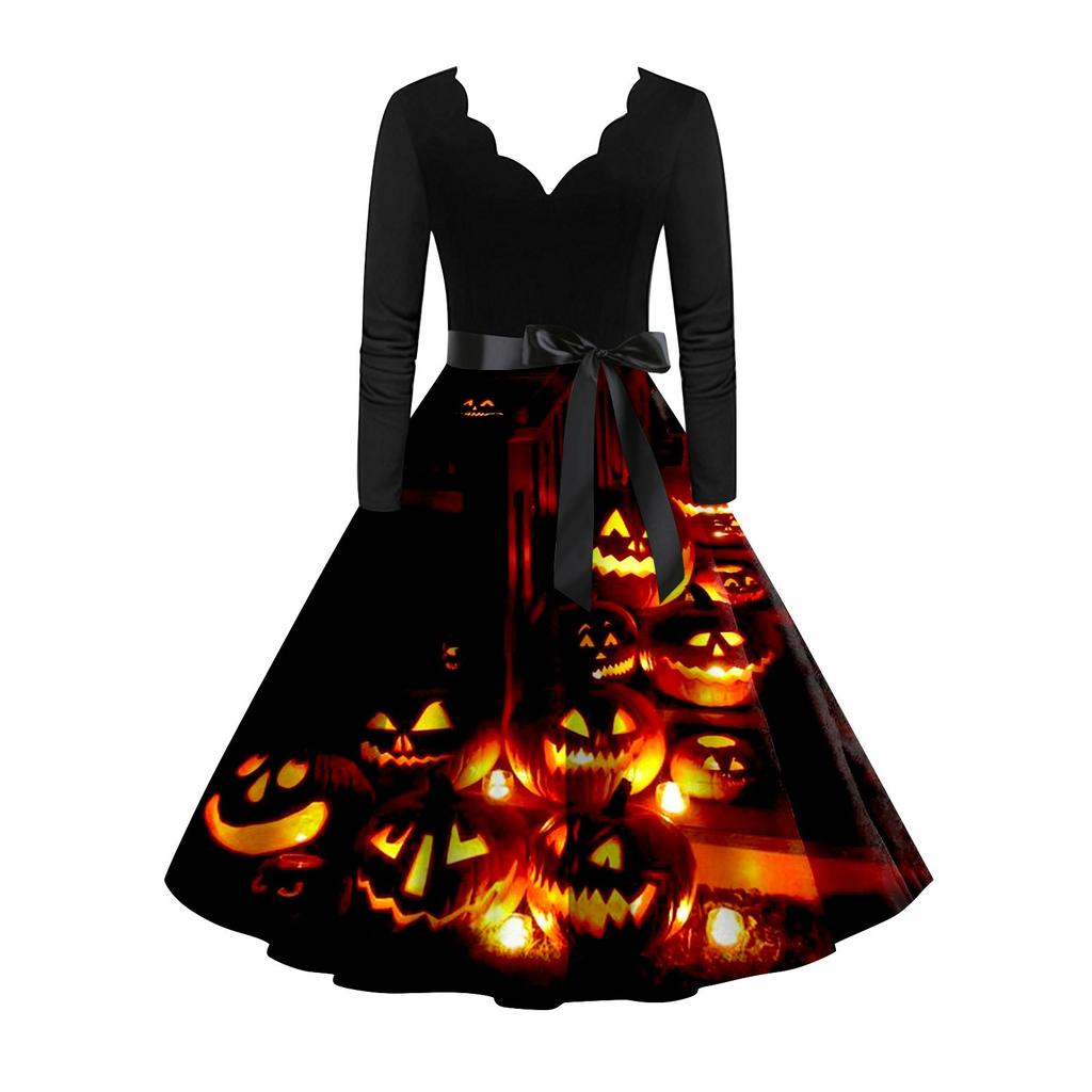 Платье с расклешенным принтом на Хэллоуин для женщин, платье с длинным рукавом, полые вечерние повседневные платья