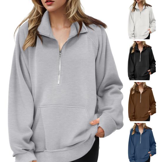 Women Fall Winter Sweatshirt Lapel Zipper Half Placket Long Sleeve Front Pocket Pullover Tops Solid Color Loose Fit Sport Sweatshirt