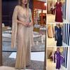 Women's Sequin Prom Dress Long Cape Sleeve Front Twist Knot Maxi Dress Sparkly V Neck Formal Evening Party Wedding Gown