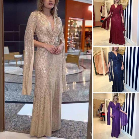 Women's Sequin Prom Dress Long Cape Sleeve Front Twist Knot Maxi Dress Sparkly V Neck Formal Evening Party Wedding Gown
