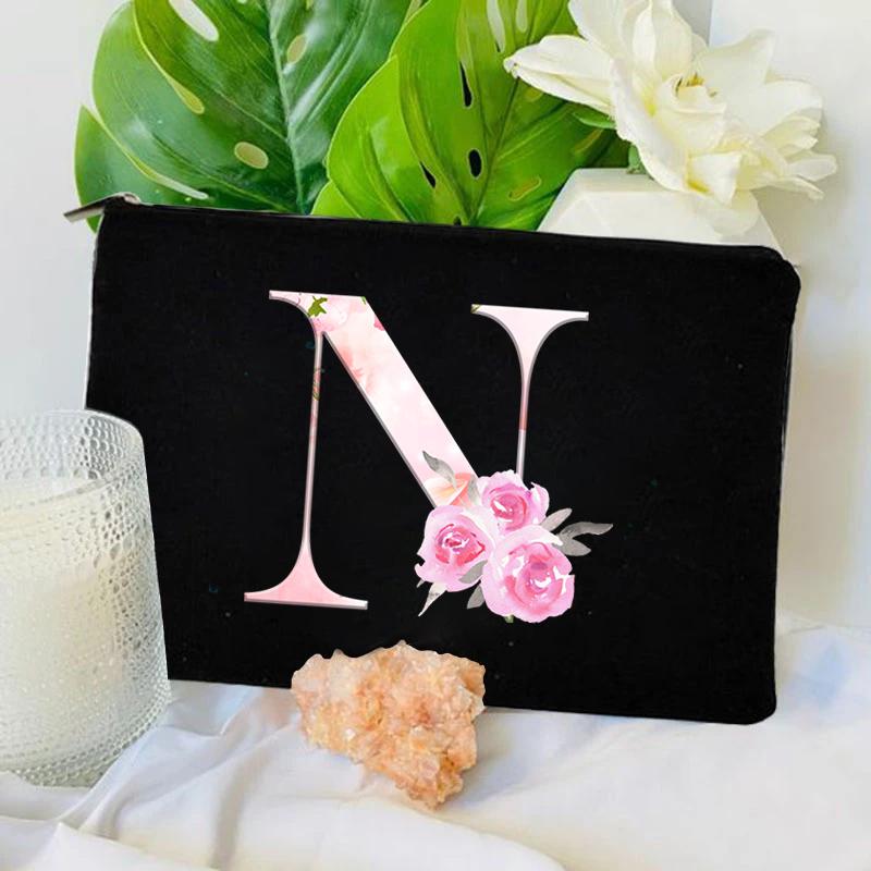 Women Bag Makeup Bag Bridesmaid Makeup Bags Floral Alphabet Print Linen Zipper Pouch Travel Organizer Case Mujer Bolsas Cosmetic