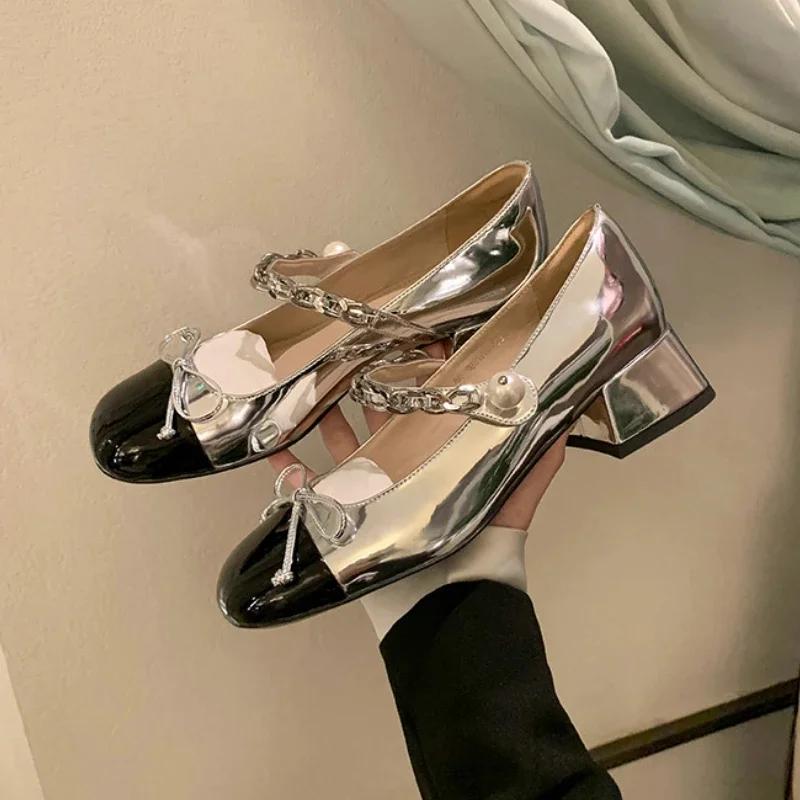 Fashion Retro Square Toe Chunky Heels Mary Jane Shoes New Color Matching Bow Chain Pumps Outdoor Dress Soft Ballet Shoes 2024