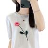 Soft Embroidered Floral Wool Sweater: Short-Sleeve Round Neck Women's Top
