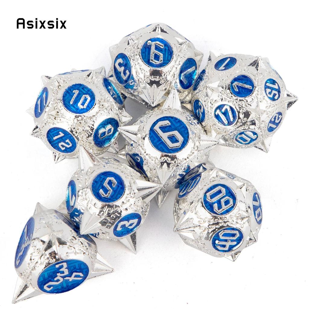 7 Pcs White Blue Meteor Hammer Metal Dice Solid Metal Polyhedral Dice Set Suitable for Role-Playing RPG Board Game Card Game