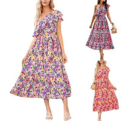 Женское модное платье-пуловер с косыми плечами, кружевной талией и цветочным принтом