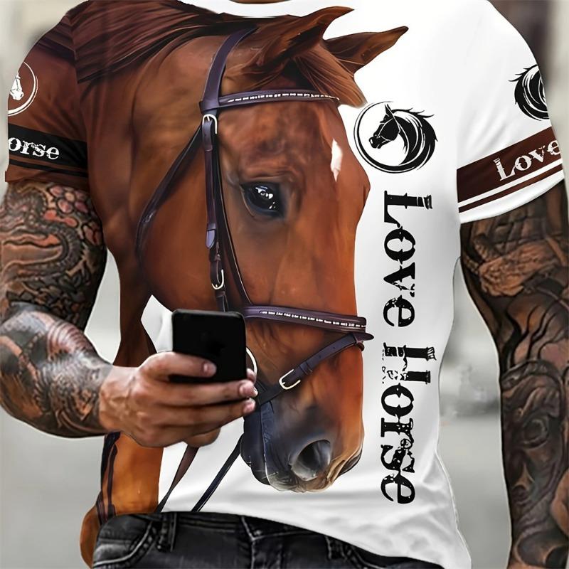 3D Majestic Horse Printing Round Neck Street Fashion T-Shirt Трехмерная печать Horse Мужская креативная футболка с короткими рукавами