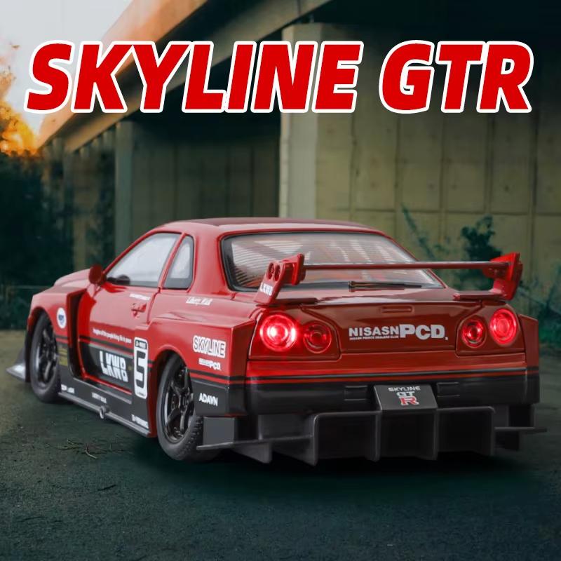1:24 Полномасштабная модель автомобиля GTR R34 с четырьмя колесами, амортизирующим рулевым управлением, четырьмя дверями, литой под давлением, со звуком и светом, инерционная модель, игрушечный подарок для мальчика