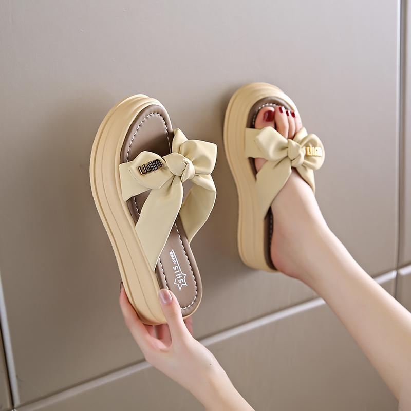 Женские милые тапочки с бантом, летние уличные нарядные с открытым носком, повседневные сандалии на толстой подошве для девочек, сандалии на платформе, большие размеры