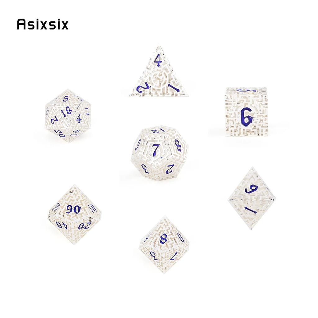 7 Pcs White Blue Metal Dice Maze Hollow Metal Polyhedral Dice Set Suitable for Role-Playing RPG Board Game Card Game