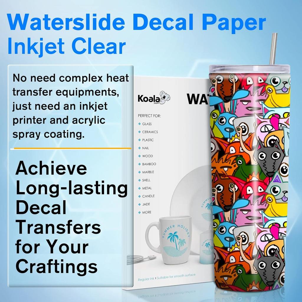 Koala Waterslide Decal Paper INKJET CLEAR, 20 Sheets 8.5x11 Inch Water Slide Transfer Paper Transparent Printable Waterslide Paper for DIY Tumbler,