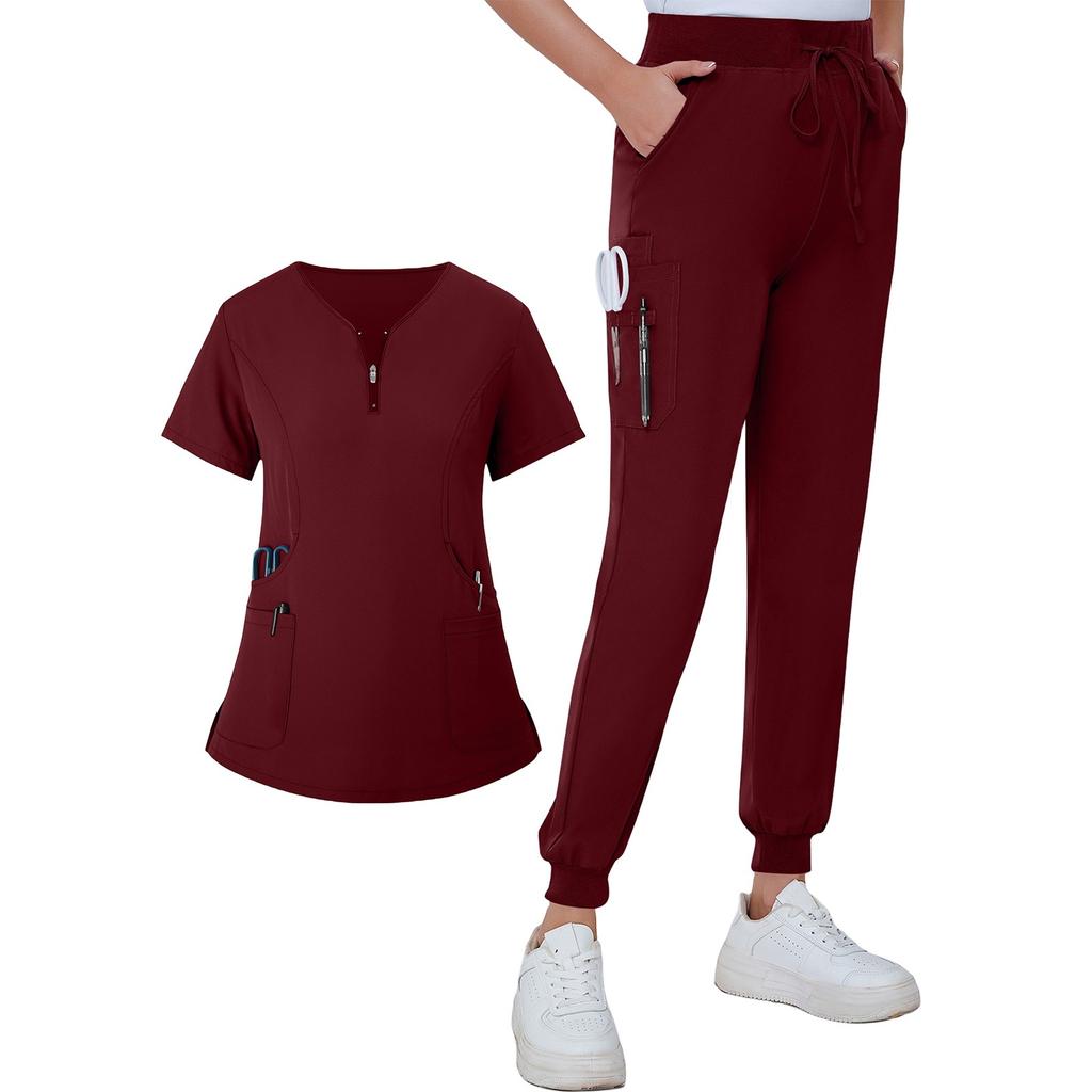 Женская летняя свободная униформа с V-образным вырезом на молнии с карманами и короткими рукавами