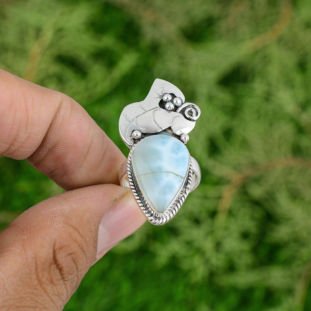 Wedding Gift For Her 925 Silver Natural Larimar Multi Stone Ring Size 7.75