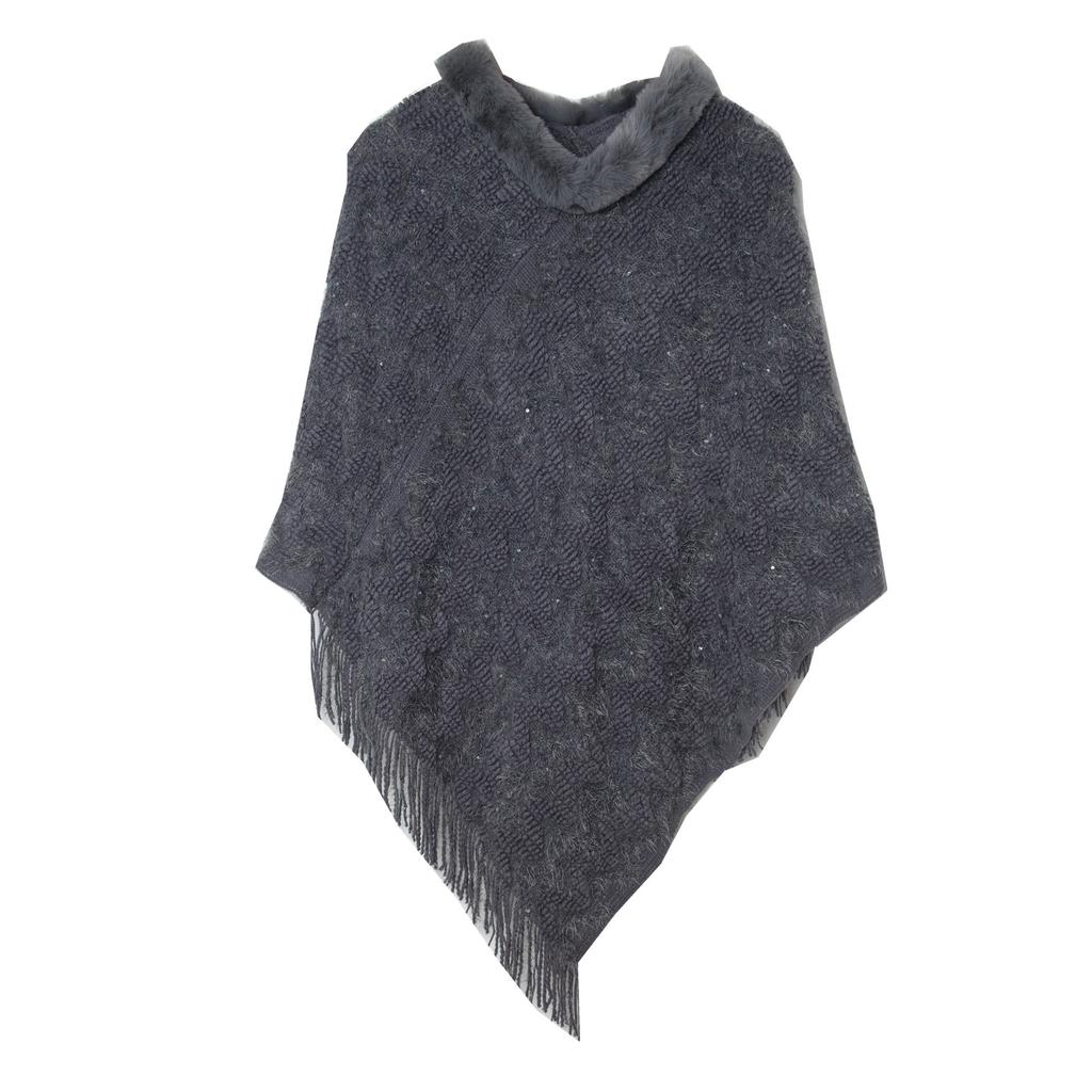 Сверкающий однотонный пуловер с шалью с меховым воротником