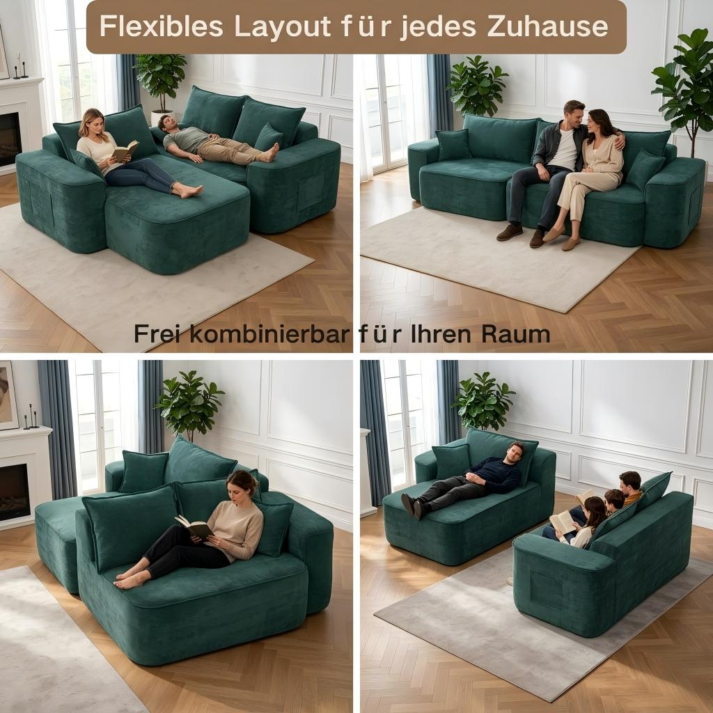 L-Shaped Corner Sofa "Cloud Couch", 262cm with Chaise Longue, XXL Deep Seat, No Assembly, Modular Sofa in Green Chenille for Living Room