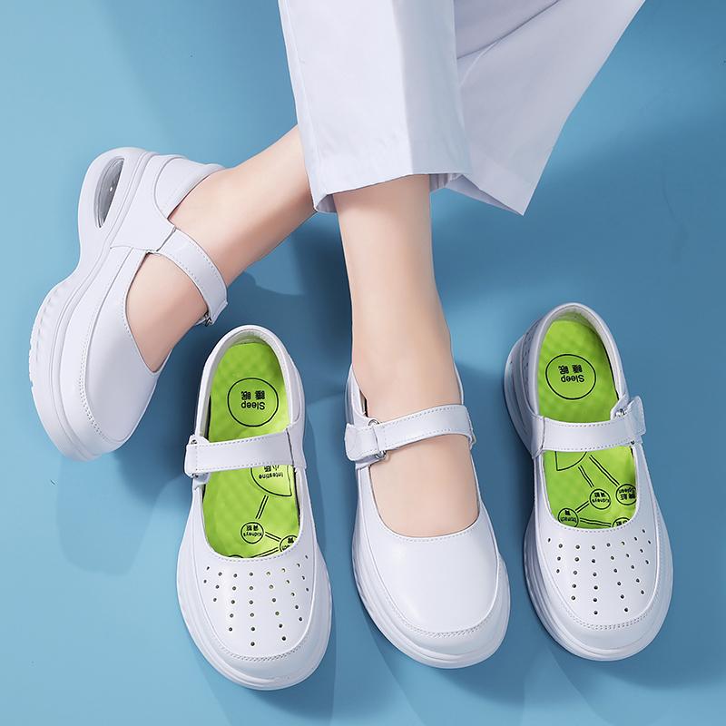 Fashion Leather Air Cushion Nurse Shoes Breathable Women Ladies Thick Soled Shoes Non-Slip White Medical Shoes One-Step Flat