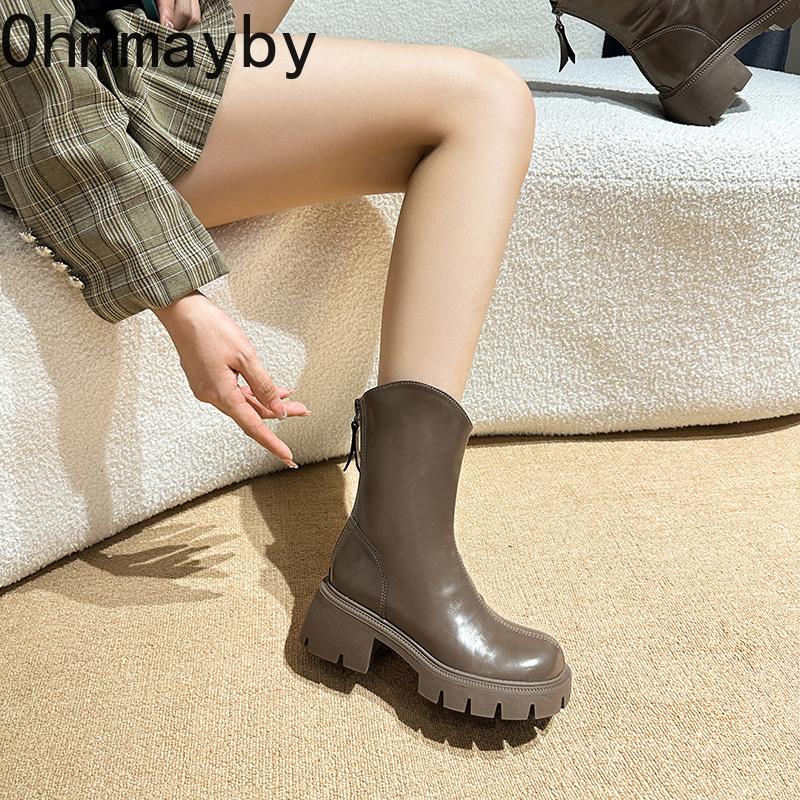 Fashion Platform Thick Heel Women Ankle Boots Fashion Back Zippers Short Boots Autumn Winter Women's Elegant Booties