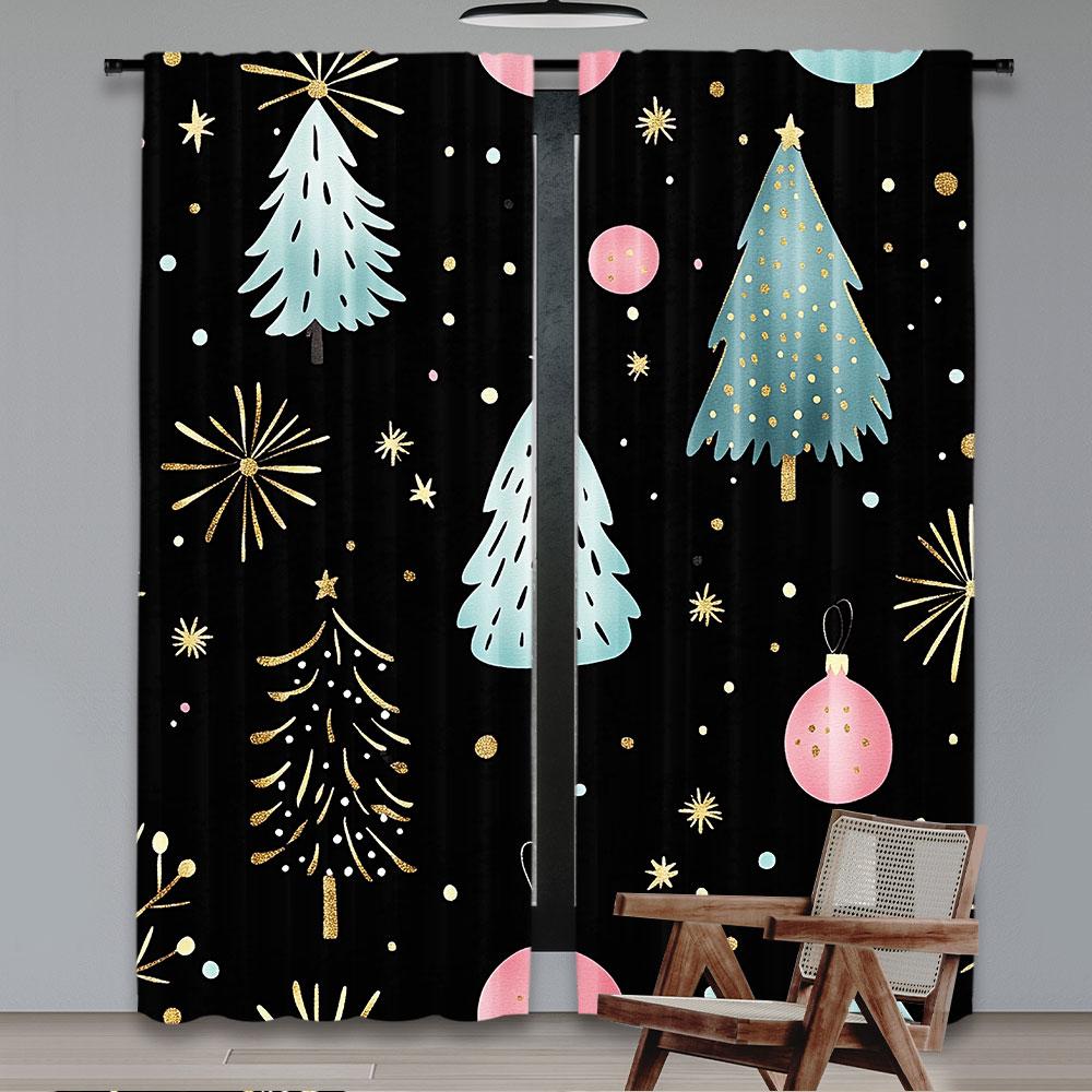 2Pcs Christmas Curtain Pink Blue Black Xmas Pine Tree Forest Snowflake Star Winter Holiday Rustic Nature