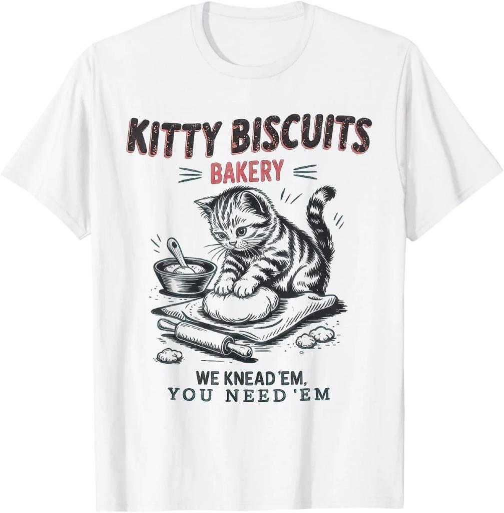 Графичная футболка с принтом пекарни Kitty Biscuits, хлопковая футболка с котенком, месящим тесто, смешной подарок для любителя домашних животных