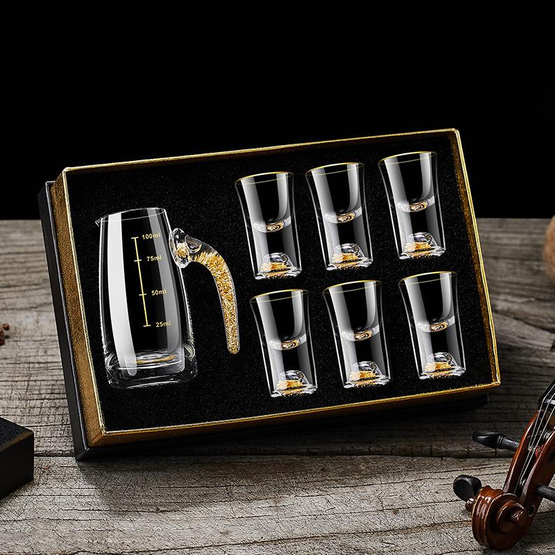 7pcs Crystal Glass Short Cup Gift Box Set Lead Free Liquor Glass With Wine Dispenser Golden Vodka Brandy Wine Glasses Soju Cup