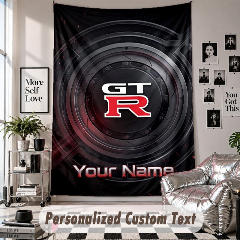 Wall Hanging Tapestry With Custom Name & Text, Nissan GT-R Decorative Tapestry For Bedroom