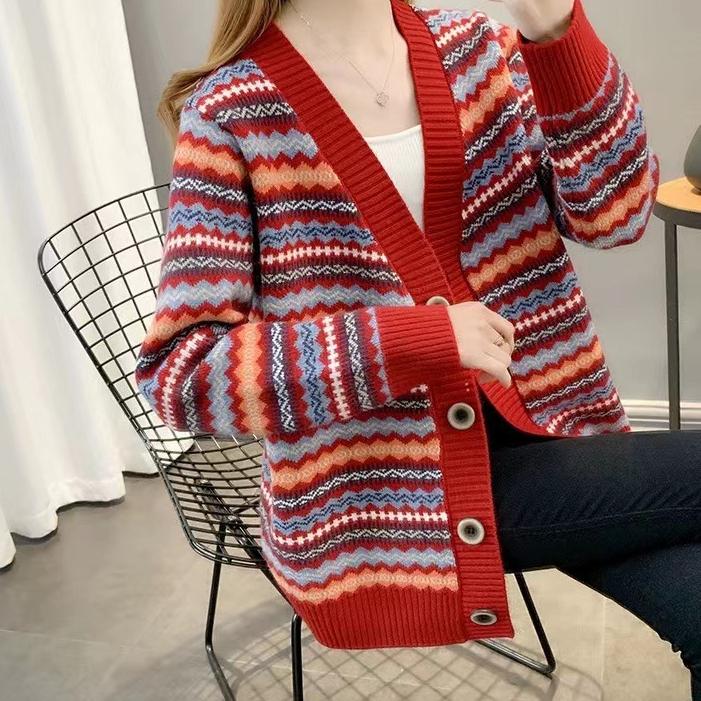 Fashion Casual Striped Cardigan Women's V-neck Casual Spring Autumn Vintage Jacquard Sweater Knitted Sweater Jacket