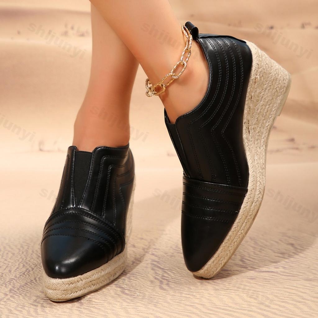 Модные модные ботинки из искусственной кожи, женские туфли на платформе и танкетке 2024 года, осень-зима, высокие каблуки, теплые меховые ботильоны, остроносые офисные туфли-лодочки