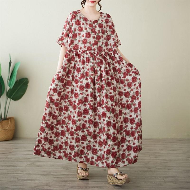 Новое хлопковое винтажное платье с цветочным принтом больших размеров с коротким рукавом для женщин, повседневное свободное длинное летнее платье