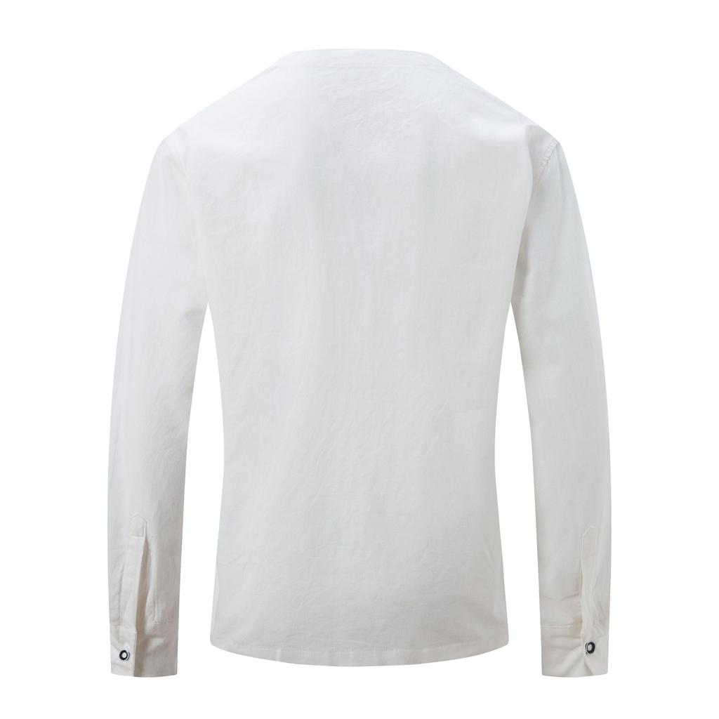 Men Stand Collar 7 Buttons Up Shirts White Black Blue Solid Long Sleeve Shirt Vintage Cotton Plus Size Tops