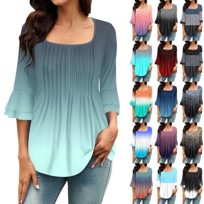 Женские рубашки с рукавами 3/4, топы, нарядные повседневные блузки, плиссированные топы-туники с квадратным вырезом и вырезом