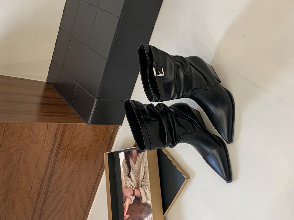 French Retro Pointed Suede Thick Heel Medium Boots Women's 2025 Autumn and Winter New Pleated Pile Boots Western Cowboy Boots