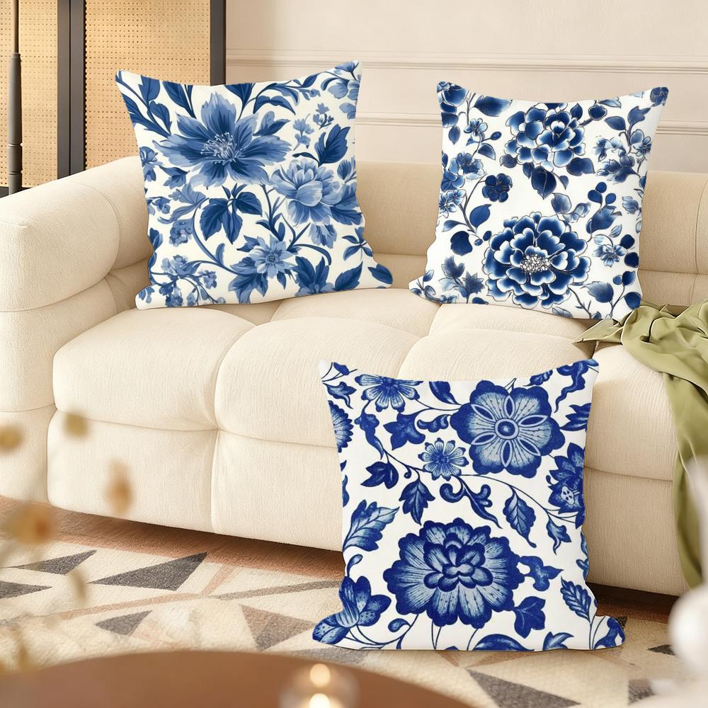 Blue And White Porcelain Cushion Cover Natural Linen Organic Fabric DoubleSided Printing Couch Pillow Covers Home Decor