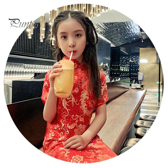 Платье Cheongsam для девочек, маленькое зимнее платье с цветочным рисунком и короткими рукавами, воротник-стойка на молнии, винтажное детское длинное платье миди Ципао в китайском стиле на Новый год, принцесса