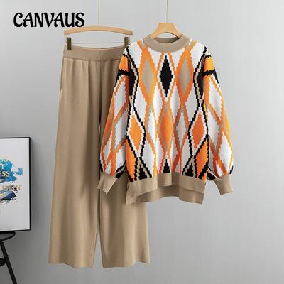 Осенне-зимний женский свитер, костюм для спорта и отдыха, модный свободный свитер большого размера, топ, широкие брюки, комплект из двух предметов
