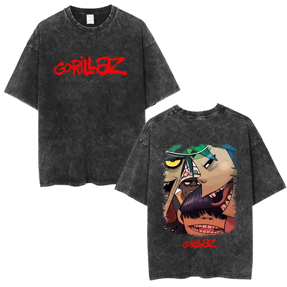 Washed Vintage Rock Band Gorillaz Face Graphic Tshirt Men Women Fashion Hip Hop Oversized T Shirt Mens Retro Gothic Streetwear