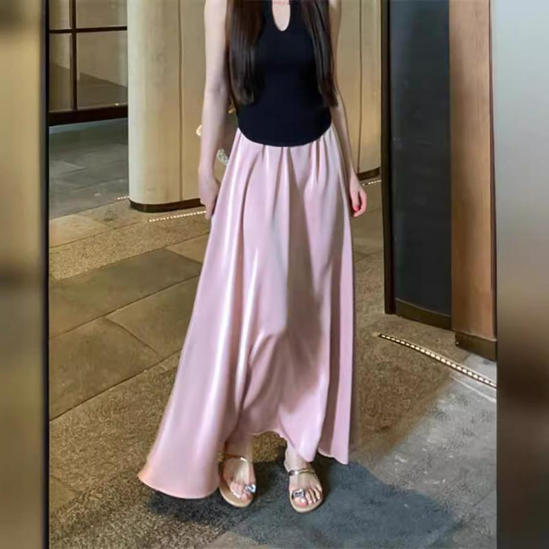 DX~~ Простой темперамент весной и летом, атласная юбка с драпировкой, высокая талия и узкая юбка.