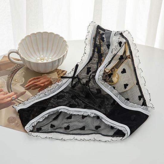 Simple Lady Briefs See-through Butt Lift Ultralight Net Yarn Ruffle Lace Trim Splicing Lady Panties for Inner Wear