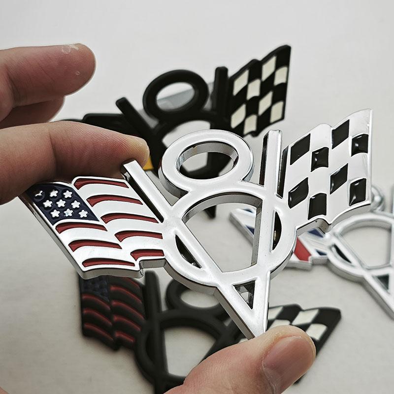 3D Metal V8 Engine Badge Cross Flag Car Emblem Front Grille Decal Trunk Sticker Universal Auto Styling Accessories