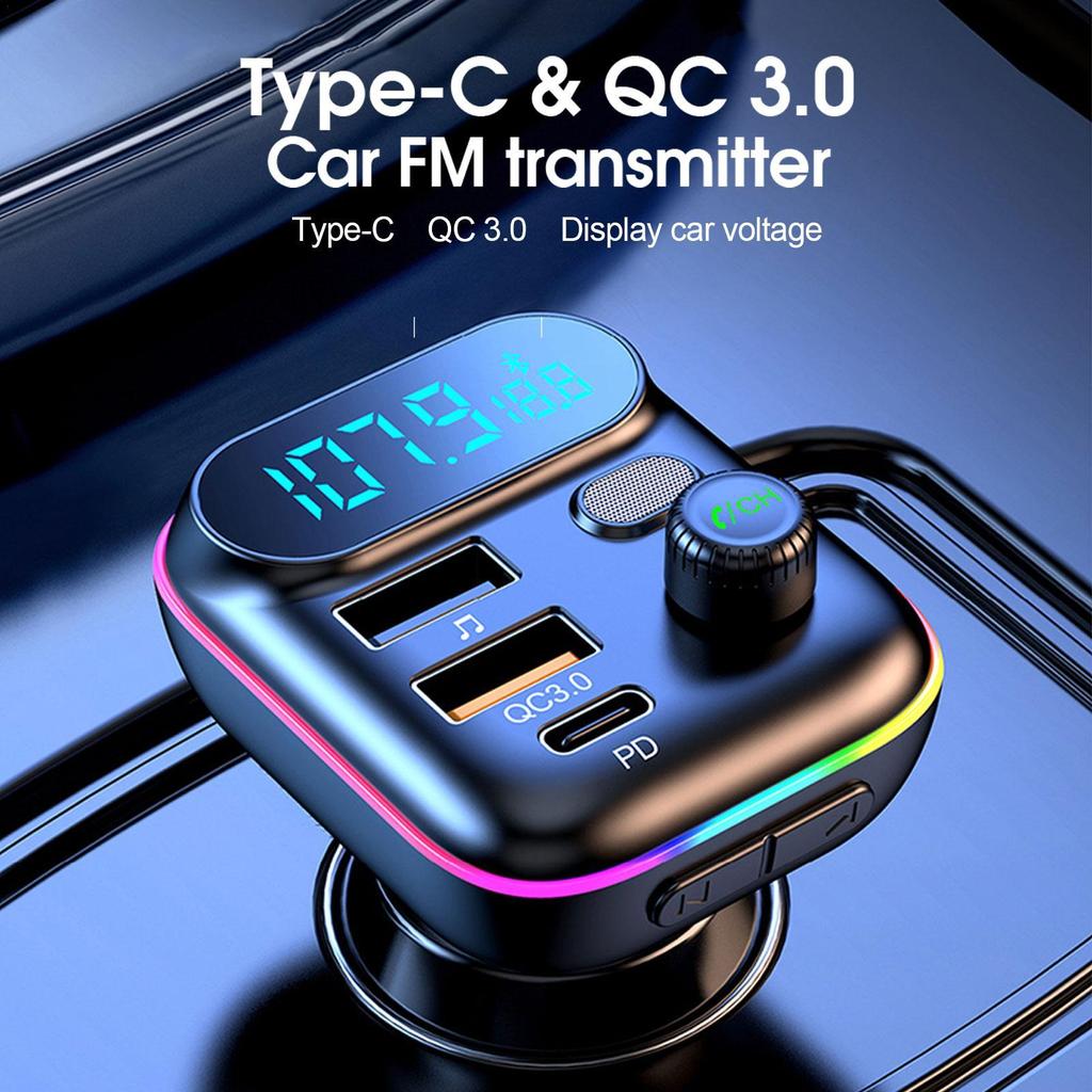 Автомобильный Bluetooth 5.0 FM-передатчик PD Type-C Dual USB 3.1A Цветной окружающий свет Handsfree MP3-модулятор-плеер